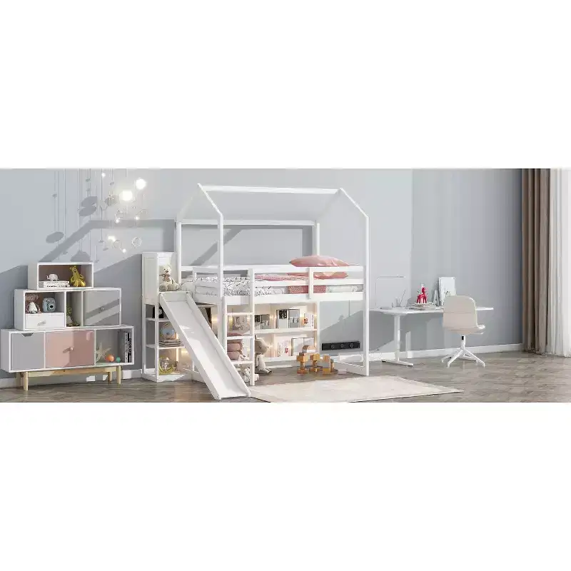 Twin Size Wood House Loft Bed with Slide, Low Loft Bed Frame with Storage Shelves and Light for Kids Teens