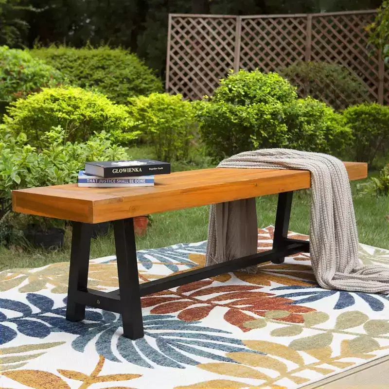63" Rectangular Acacia Wood Patio Bench - Captiva Designs: Weather-Resistant, Steel Frame, Seating for 2