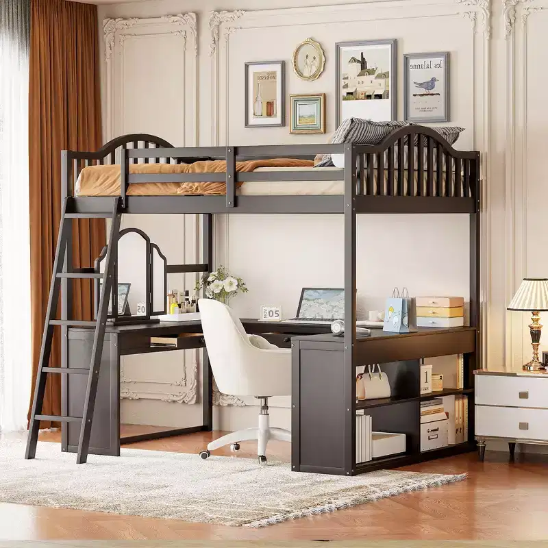 Full Size Loft Bed with Desk, Wood Loft Bed with Drawers & Storage Shelves, High Loft Bed Full with Vanity Mirror for Kids Teens Adults