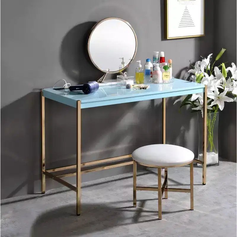 Modern 40 Writing Desk,Office Desk with Built-in USB Port,High-Gloss Desktop,Gold Open Metal Base,Rectangular Desk for Bedroom,Office,Study