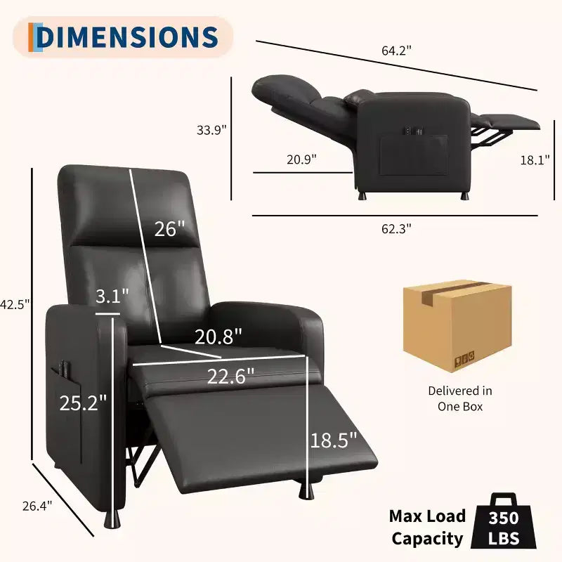 Power Lift Recliner Chair, Overstuffed PU Leather Single Sofa with Tall Back & 2 Side Pockets, Adjustable Home Theater Seating for Living Room