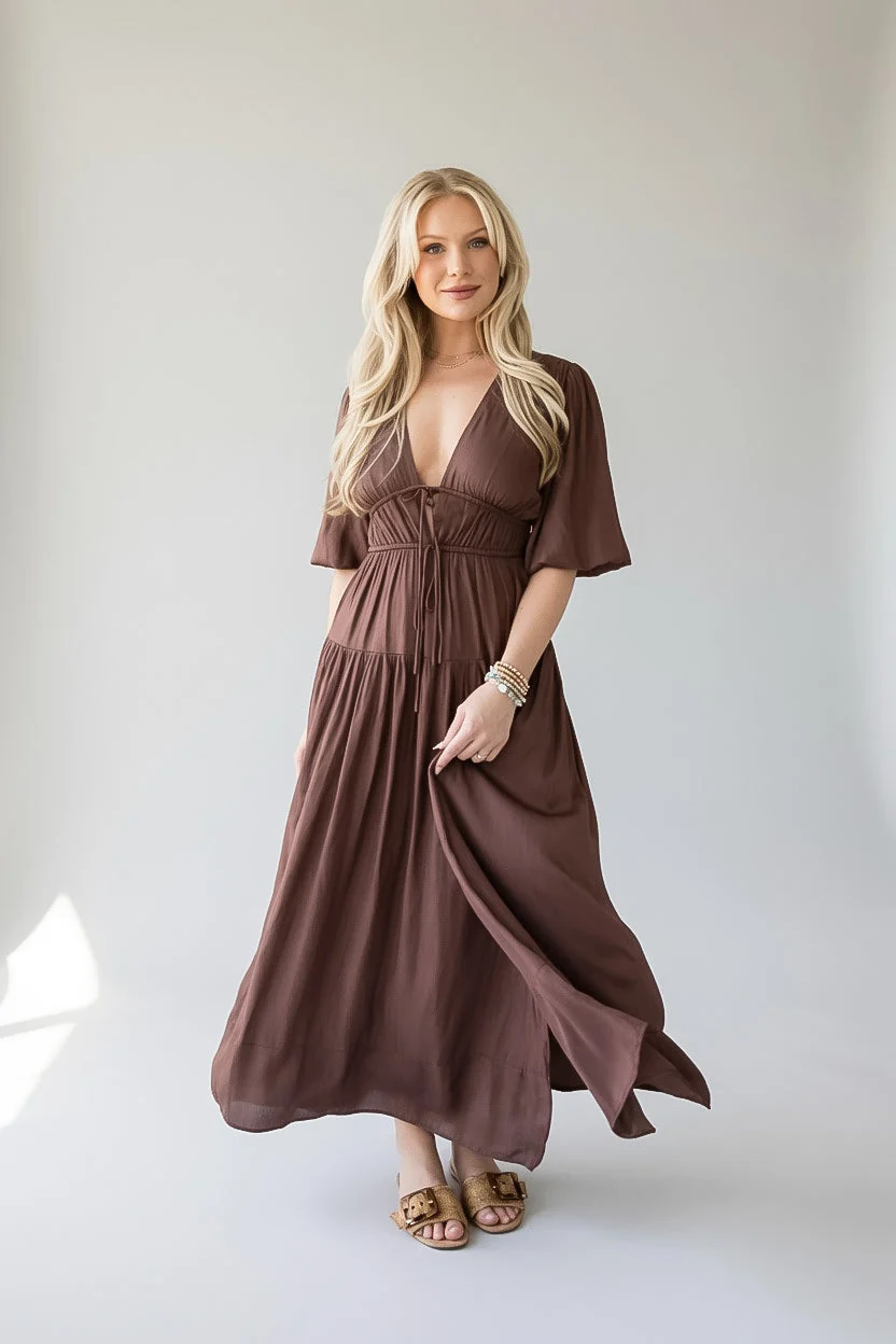 Puff Sleeve Smocked Waist Tiered Maxi Dress