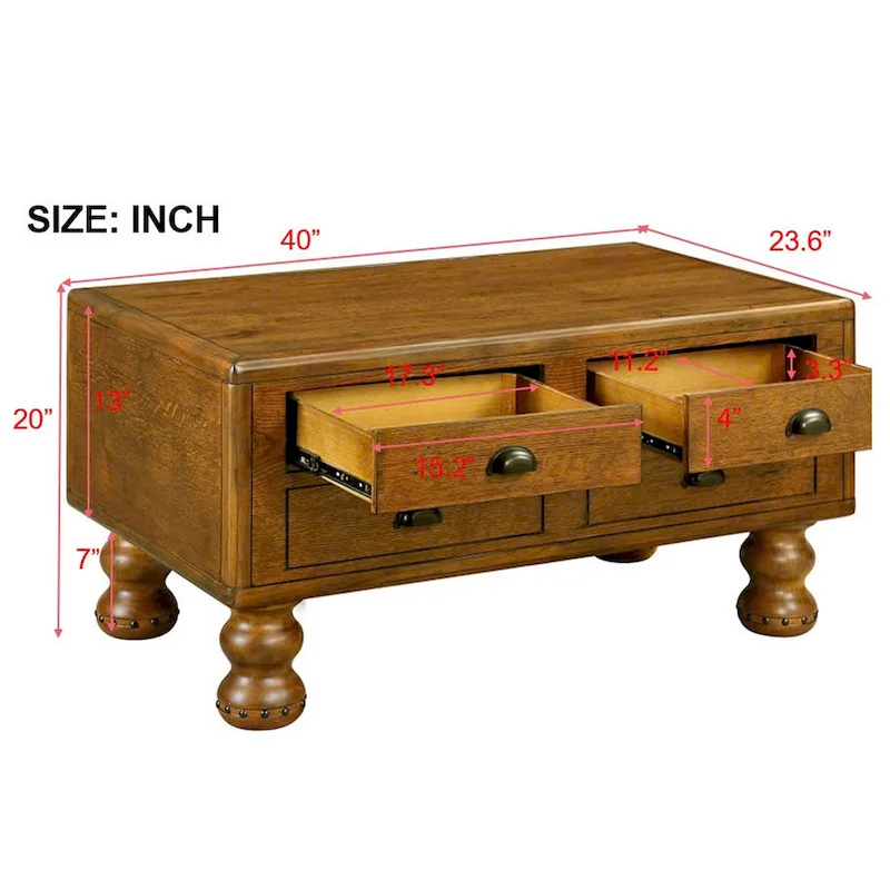 Solid Wood Rectangle Coffee Table with 4 Drawers