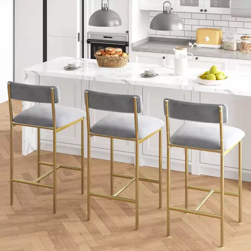Bar Stools Set of 2, Kitchen Bar Stools with Footrest, Velvet Upholstered Counter Height Barstool, Bar Chairs for Kitchen Island, Counter, Gray-Gold