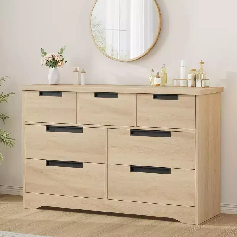 46.8 Natural Wood 7 Drawer Dresser, Modern Double Chest with Embedded Handles for Bedroom Living Room