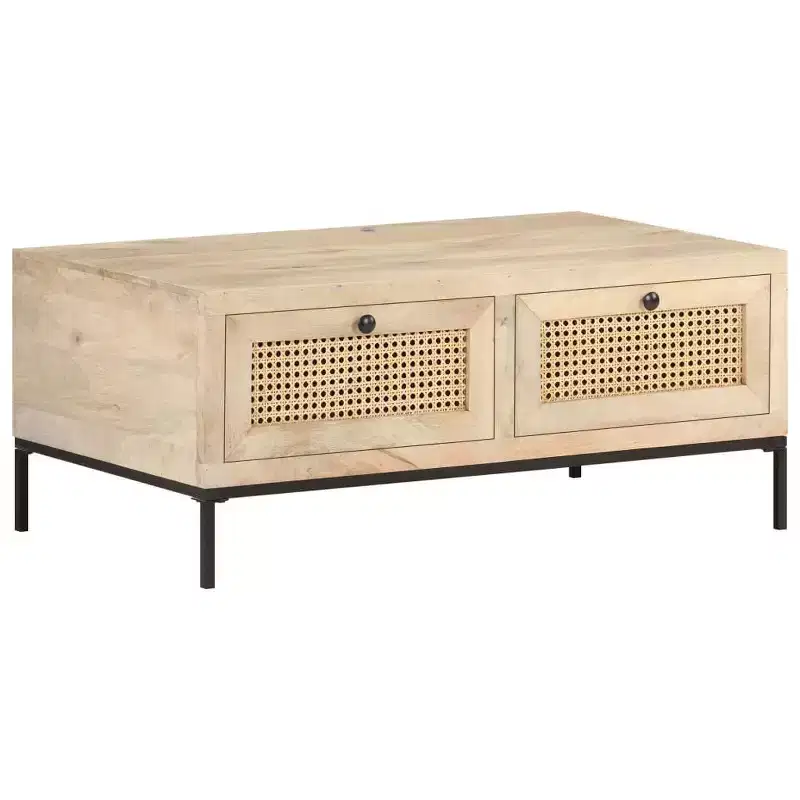 Coffee Table 35.4x19.7x14.6 Solid Mango Wood and Natural Cane