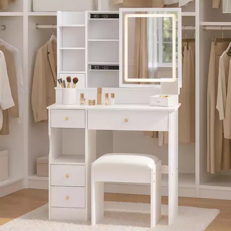 Homy Casa Vanity Table Set with Lighted Mirror and Storage Drawers for Bedroom or Dressing Room, White