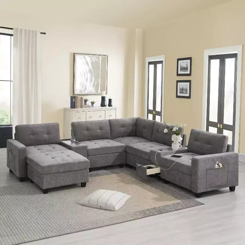 Whisen Chenille U-shaped Sectional Sofa with 2 Consoles, USB Charger, Storage Drawers and Pockets and Movable Ottoman