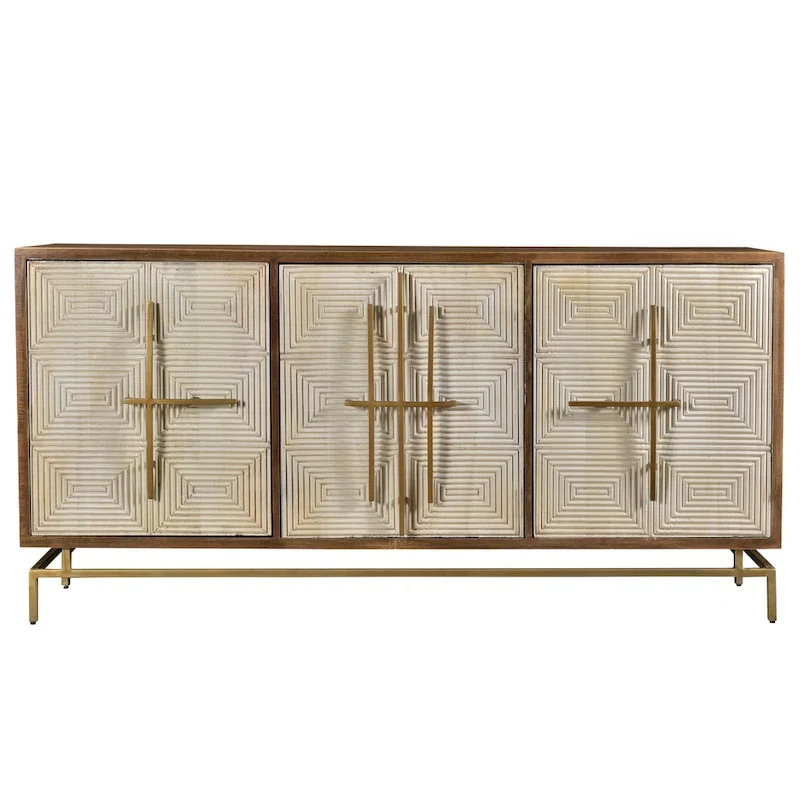White & Natural Mango Wood 3 Door Sideboard w Gold Hardware - 69W x 16D x 34H