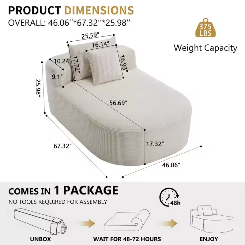 67'' Chaise Lounge Chair, Upholstered Sleeper Sofa Bed with 2 Pillows, Boneless Single Sofa Couch for Living Room Bedroom, No Assembly Required
