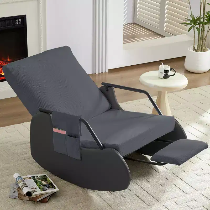 Mjkone Upholstered Corduroy Rocking Chair with Wooden Legs Wrapped in Leather&Adjustable Footrest
