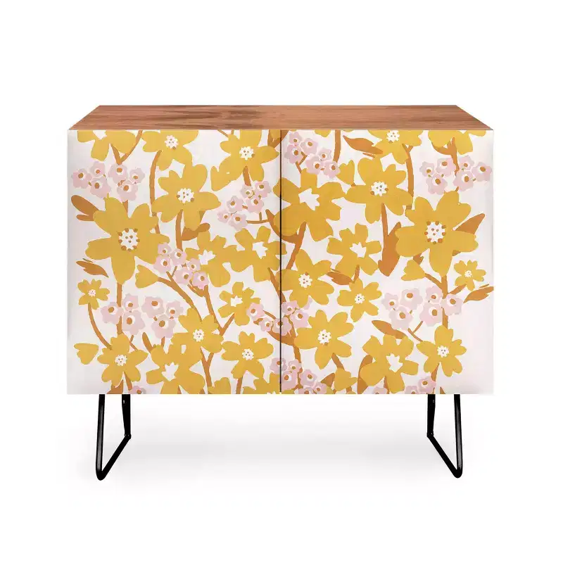 Wildflowers in Turmeric Credenza - Birch Frame, 2 Doors
