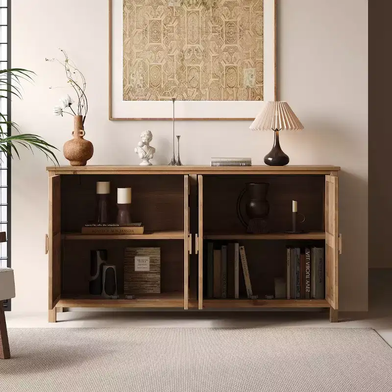Boho Brown Sideboard Buffet Cabinet with 4 Doors & White Floral Mandala Pattern, 60