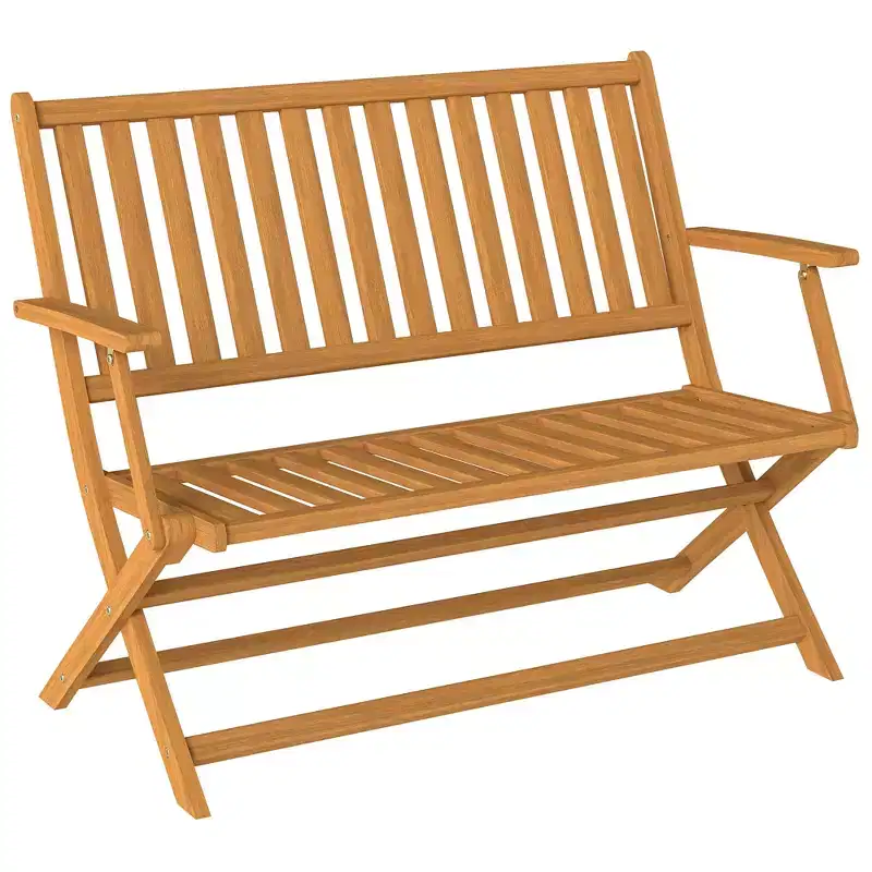 Outsunny 2-Person Foldable Wood Outdoor Bench with Backrest and Armrests for Patio, Garden, Porch, Park, Balcony, Teak