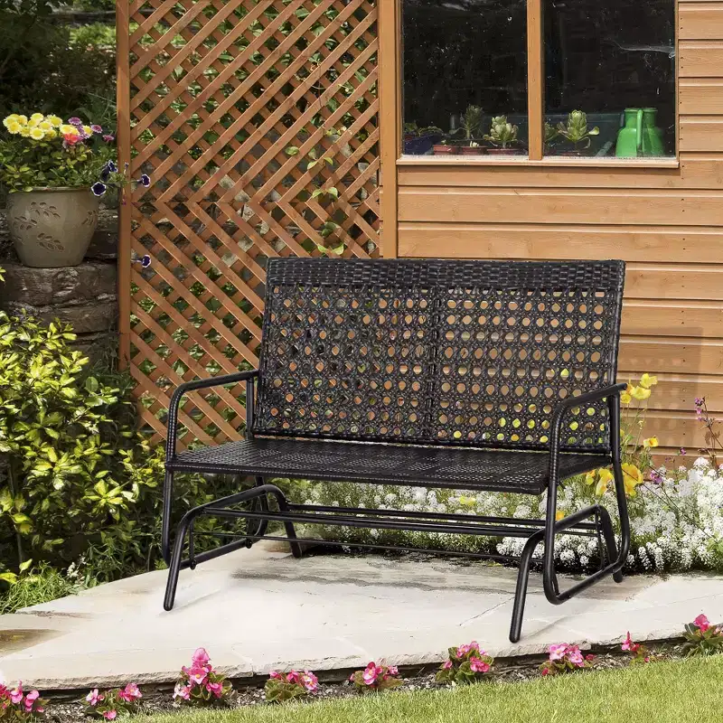 Patio 2-Person Wicker Glider Bench Rocking Chair, Outdoor All-Hand Woven PE Rattan Loveseat w/ Ergonomic Design Rocking System for Patio