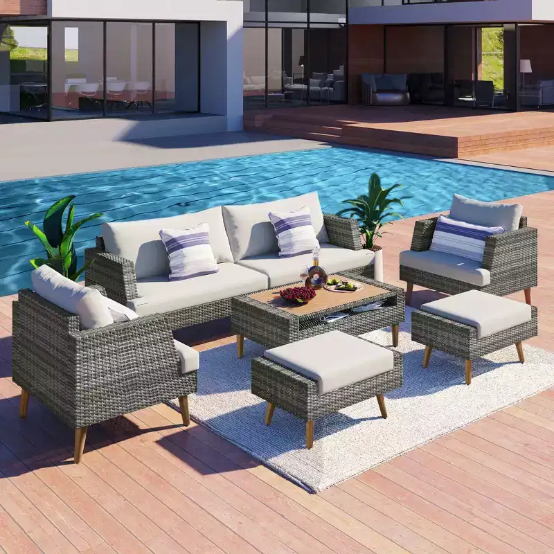 6 PCS All Weather PE Wicker Sofa Set, Patio PE Rattan Conversation Set with Wood Legs Wood Table Top-ModernLuxe