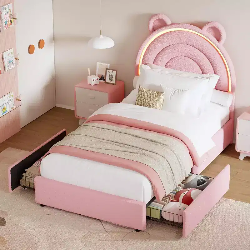 Princess double bed frame with 4 storage drawers and light, velvet upholstered platform bed, rainbow headboard, suitable for children, gray