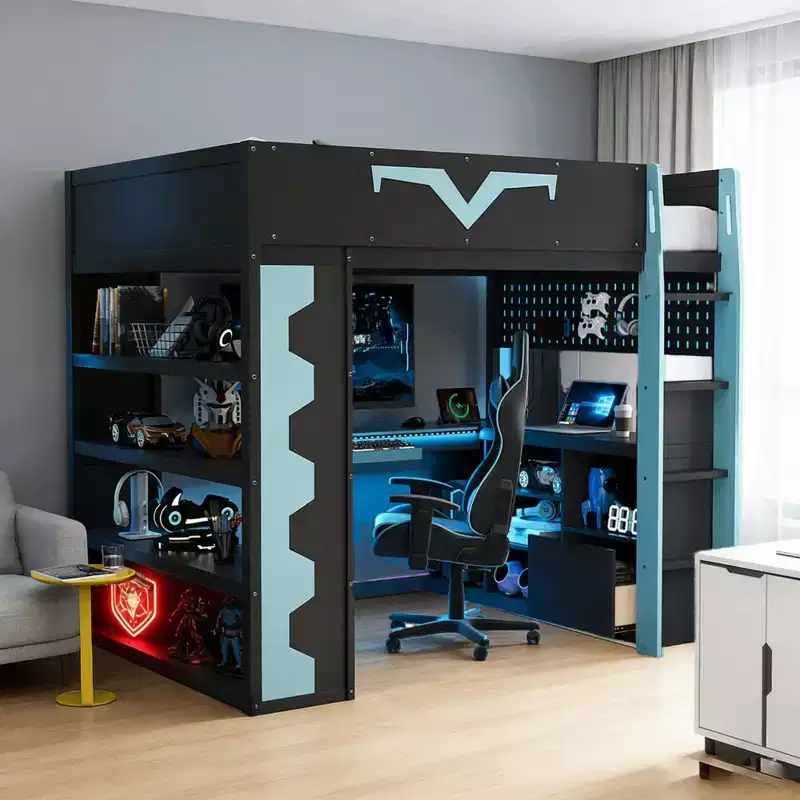 Luxystar Modern Gaming Full Loft Bed With Lighted Desk And Keyboard Tray, Pegboard, Storage Bookcase