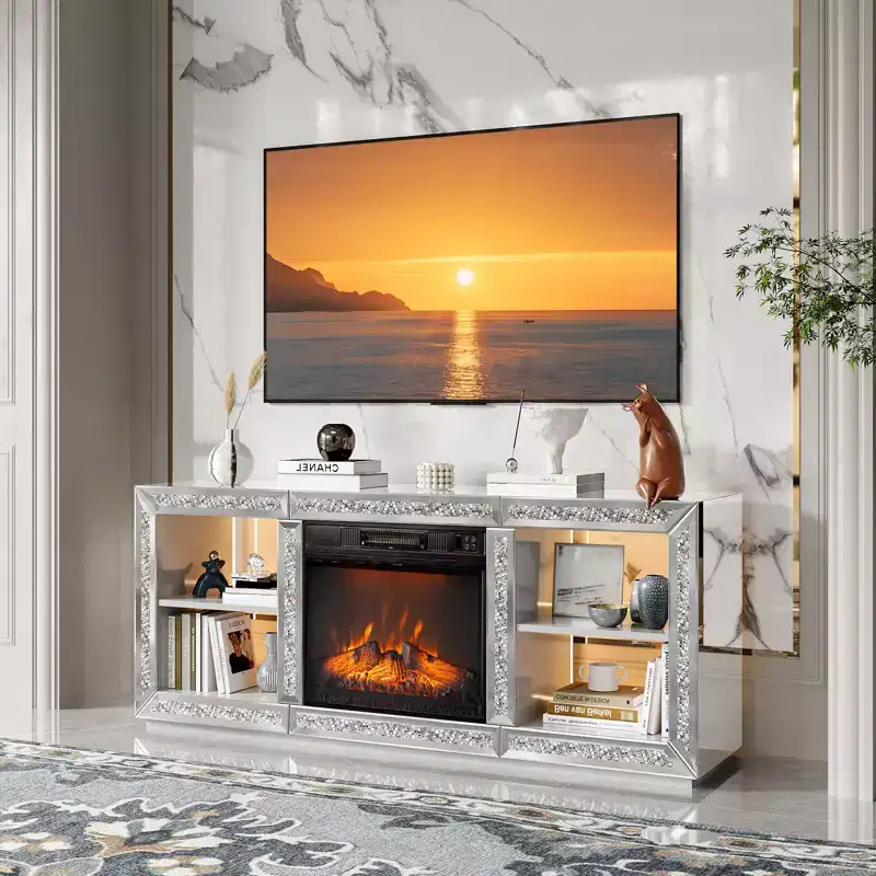 56in Diamond Mirror Fireplace TV Stand Fit Up To 70in TV with 18in Fireplace