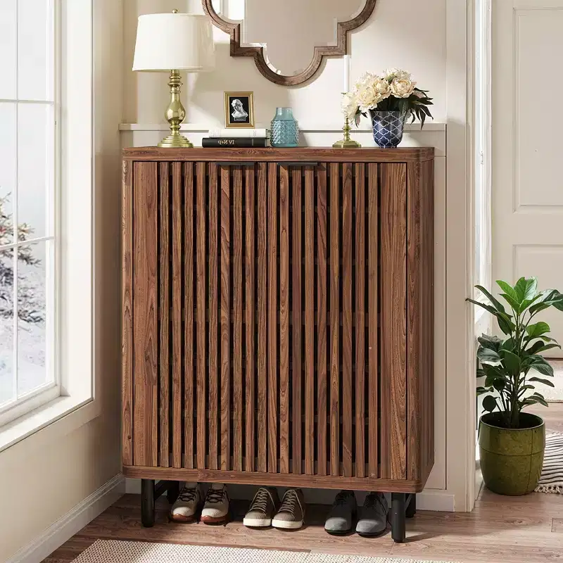 Dark Walnut Breathable Louvered Shoe Cabinet, Ventilated Wooden Shoe Storage for Entryway