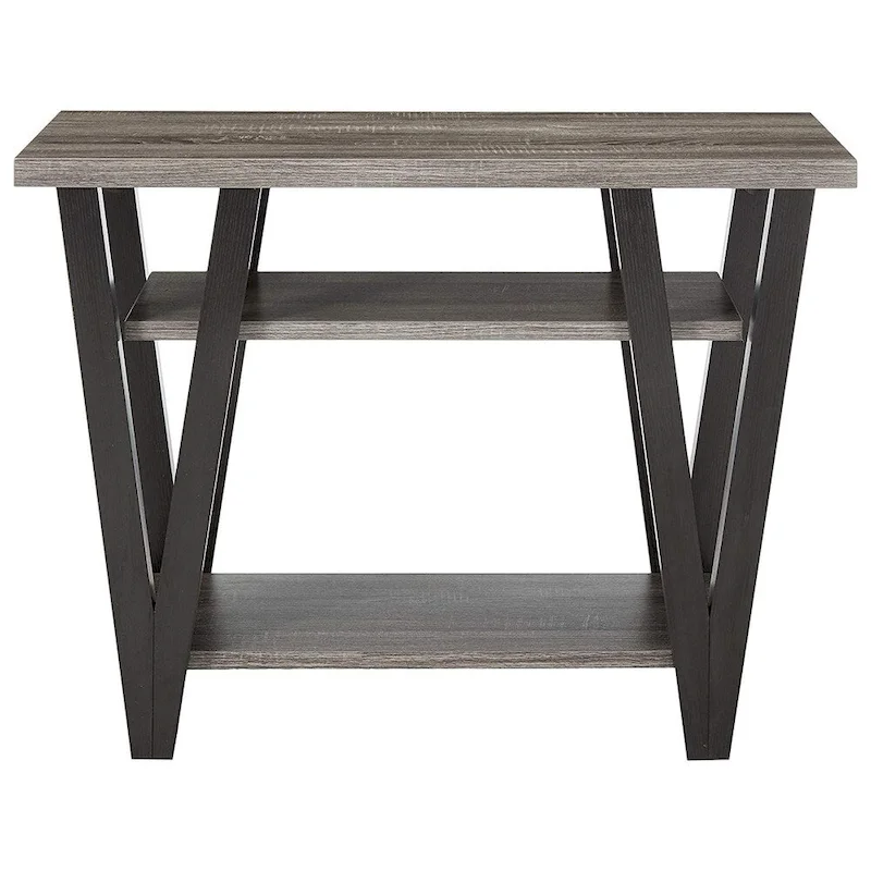 Zig-zag Contemporary Solid Wooden End Table With Bottom Shelf, Grey And Black