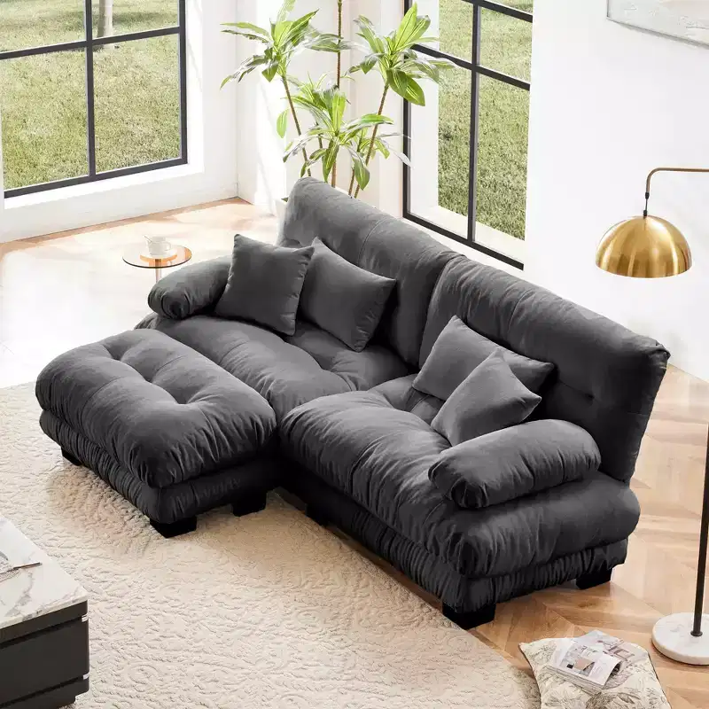 MAYEERTY Cloud Sectional Sofa with 2 Seater 2 Lumbar Pillows 2 Throw Pillows Upholstered Wide Arm Sofa for Living Room Gray