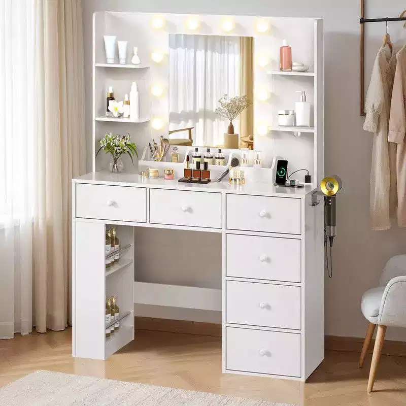 White Particle Board Veneered with Textured Melamine, 6-drawer 3-compartment Double-layer Side Rack, Side Panel Storage Style Dressing Table