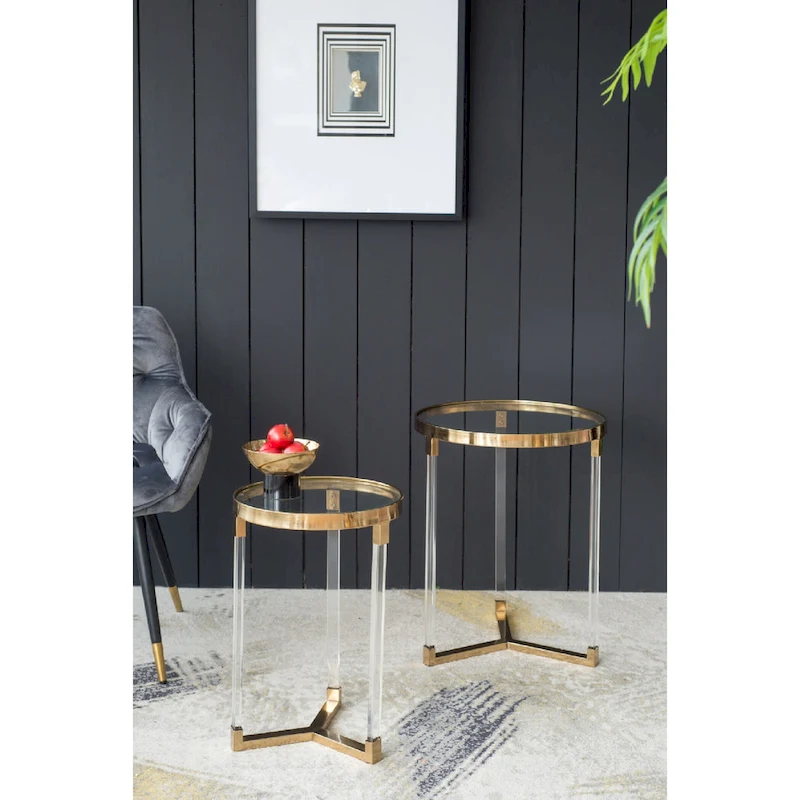 Verrill Acrylic and Iron Round Tables - Set of 2 - Gold Frame - Clear Top