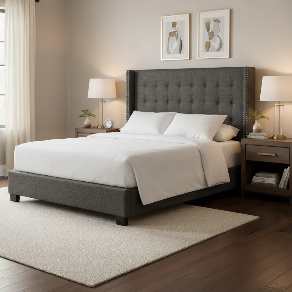 Tufted linen wing-back platform bed