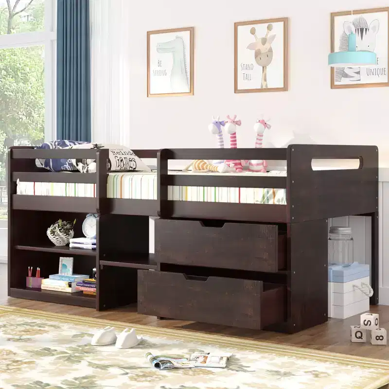 Twin Size Loft Bed with Storage Drawers, Wooden Low Loft Bed with Two Shelves for Kids