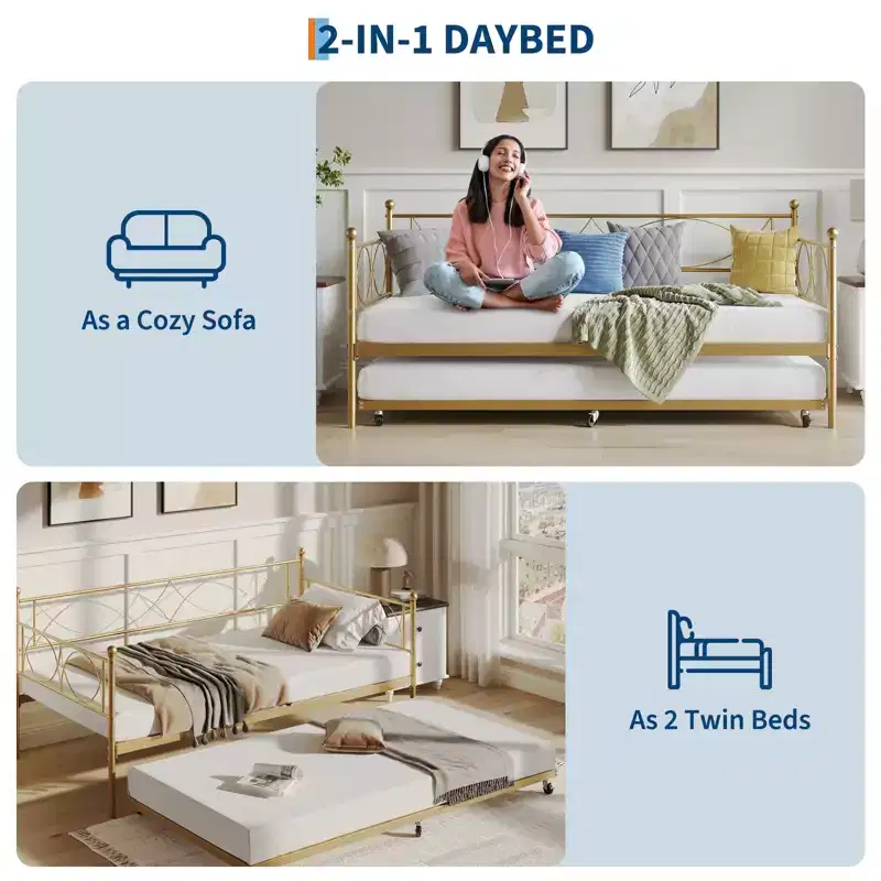 Twin daybed with Trundle, Daybed and Trundle Set, Day Bed Sofa Bed Frame with Steel Slat Support