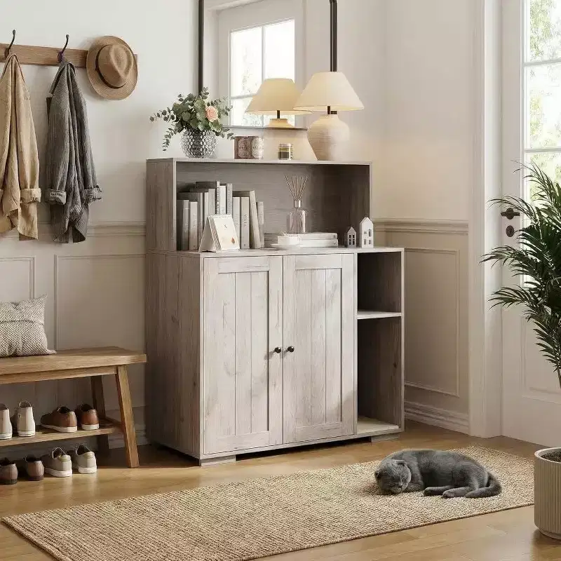 Extra Large Cat Litter Box Enclosure with Dog-Proof Shelf, Built-In Outlet & Storage