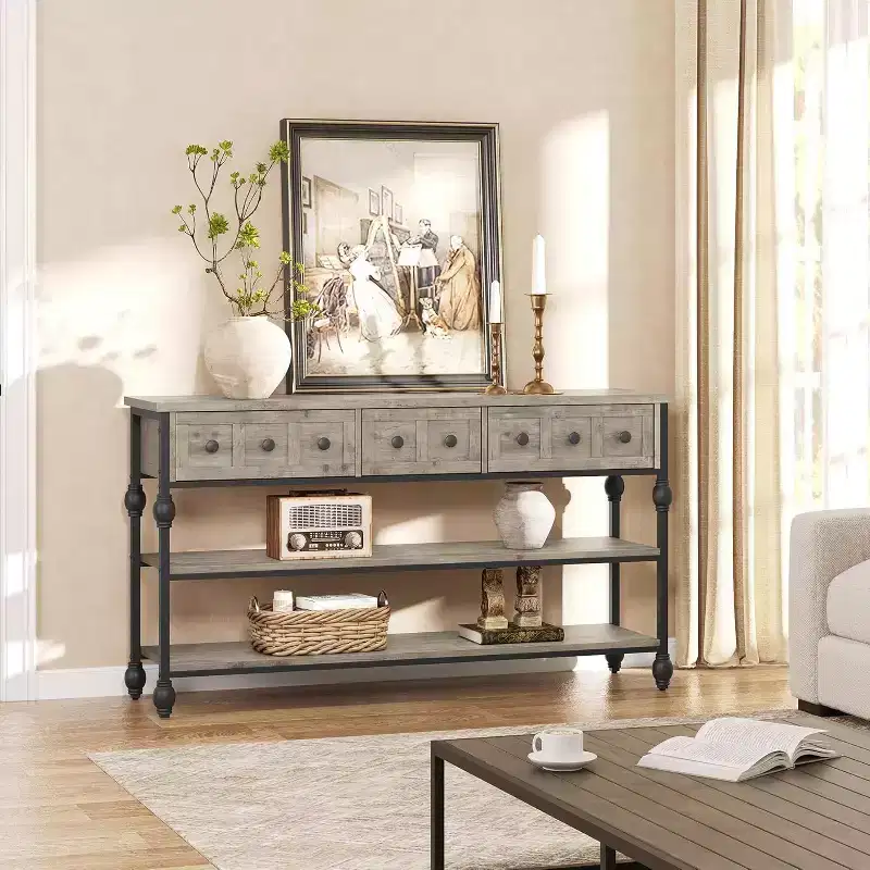 Console table,entrance table with 3 drawers,3-layer metal sofa table,open shelf behind corridor sofa table