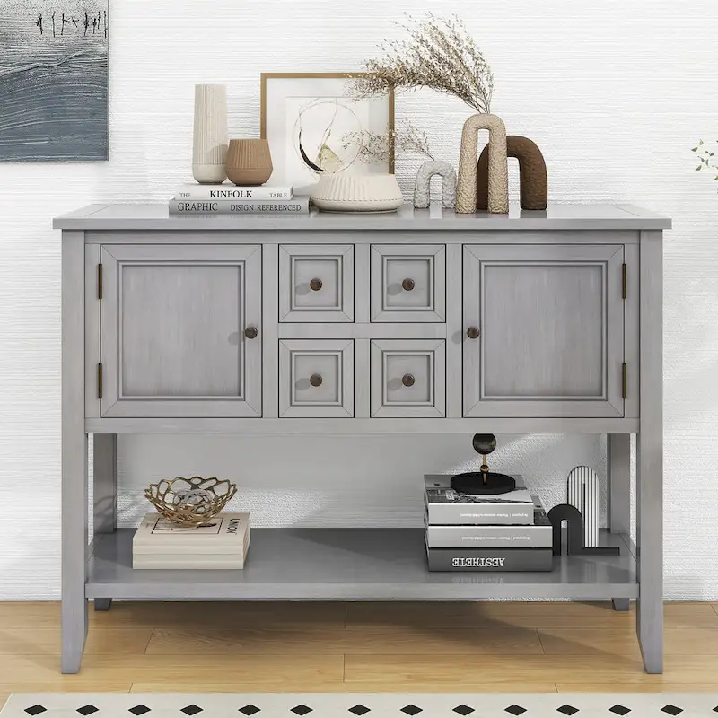 Retro Sideboard Console Table with Drawers and Bottom Shelf