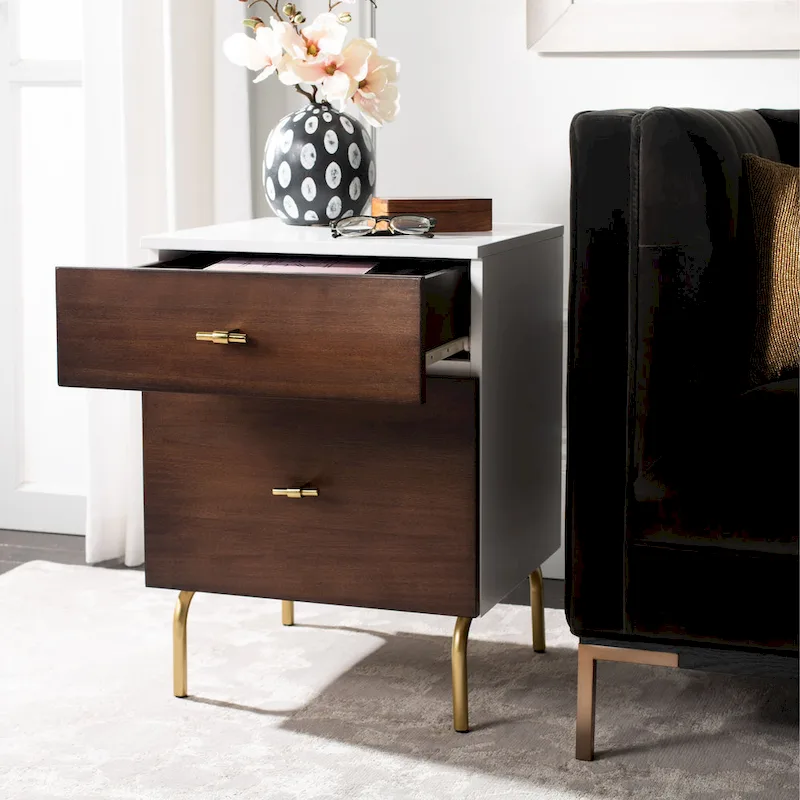 Walnut & White 2-Drawer Nightstand with Gold Pulls