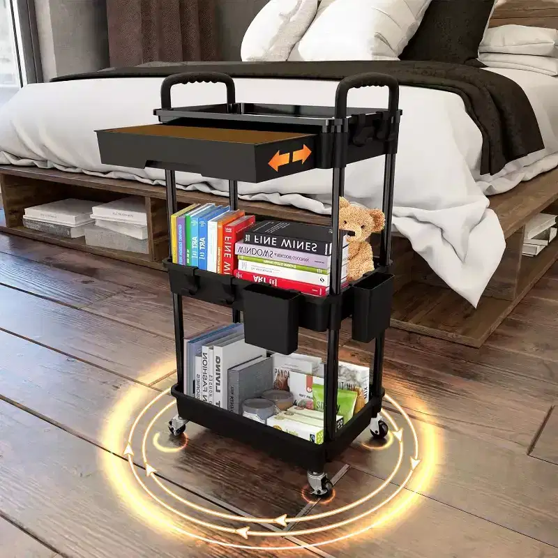 3 Tier Rolling Utility Cart with Drawer, Plastic Storage Organizer Cart with Wheels, Lockable Caster for Kitchen, Bathroom, Office, Bedroom