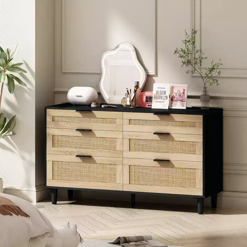 51.18/59.06W Rattan Dresser with 6 Drawers, Storage Cabinet with Metal Handle & Wood Legs - ModernLuxe