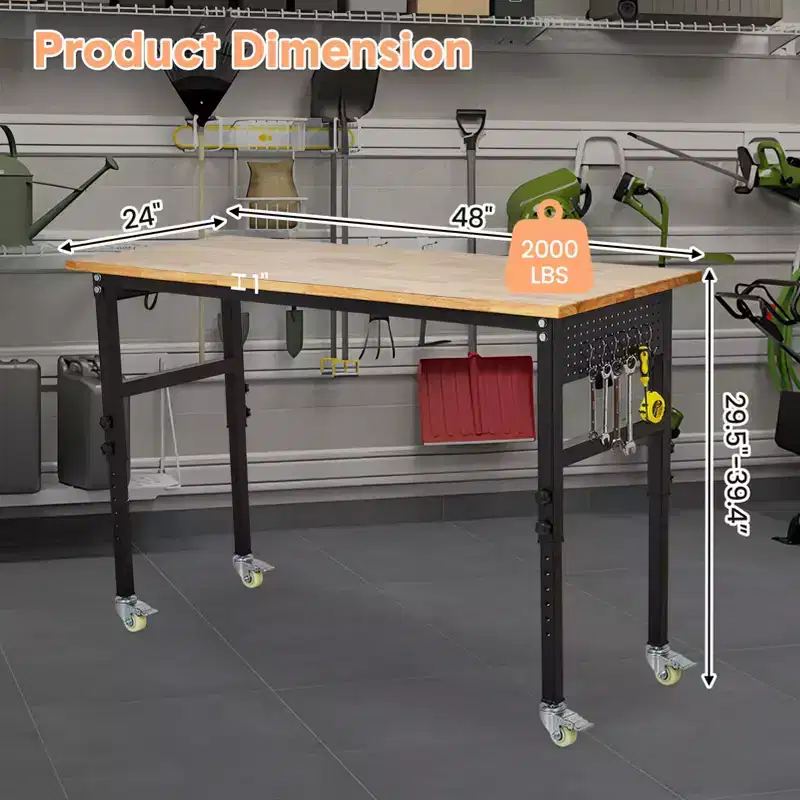 48 Adjustable Workbench with Scale, Pegboard and 6 Hooks, 29.5 - 39.4 Adjustable Height, 2200 LBS Load Capacity Portable Worktable for Workshop