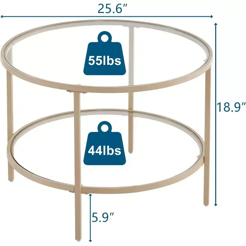VINGLI 25.6 Round Glass Coffee Table, 2-Tier Coffee Table with Storage, Modern Center Table with a Beige Frame, for Living Room