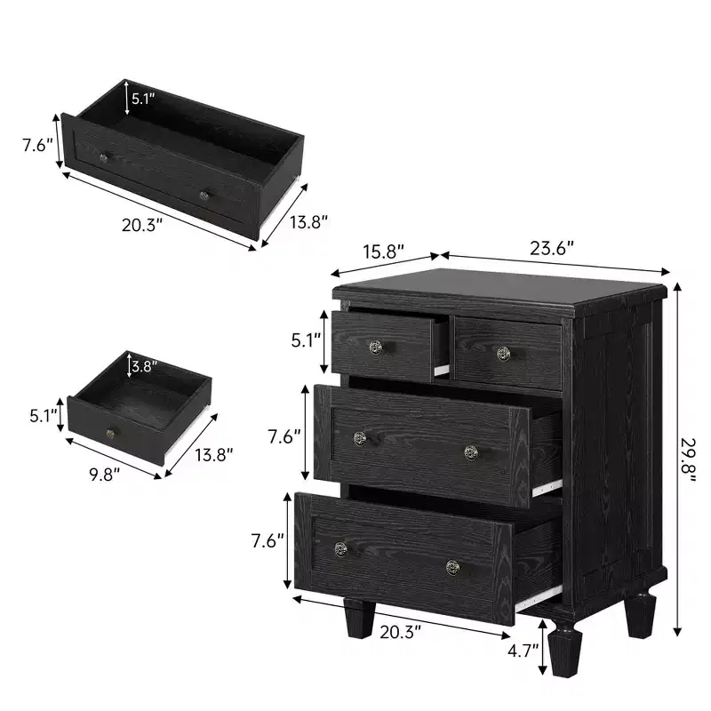 Vintage 4-Drawer Wood Dresser w/ Carved Handles & Tapered Legs, Large Storage Chest of Drawers, Rustic Organizer Cabinet for Bedroom & Closet