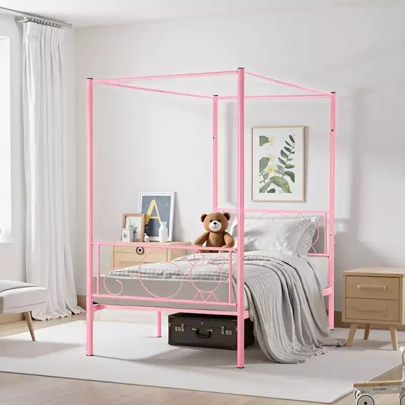 Twin Canopy Bed Frame with Four Poster Design, Metal Platform Bed, Pink, 300 lb Capacity