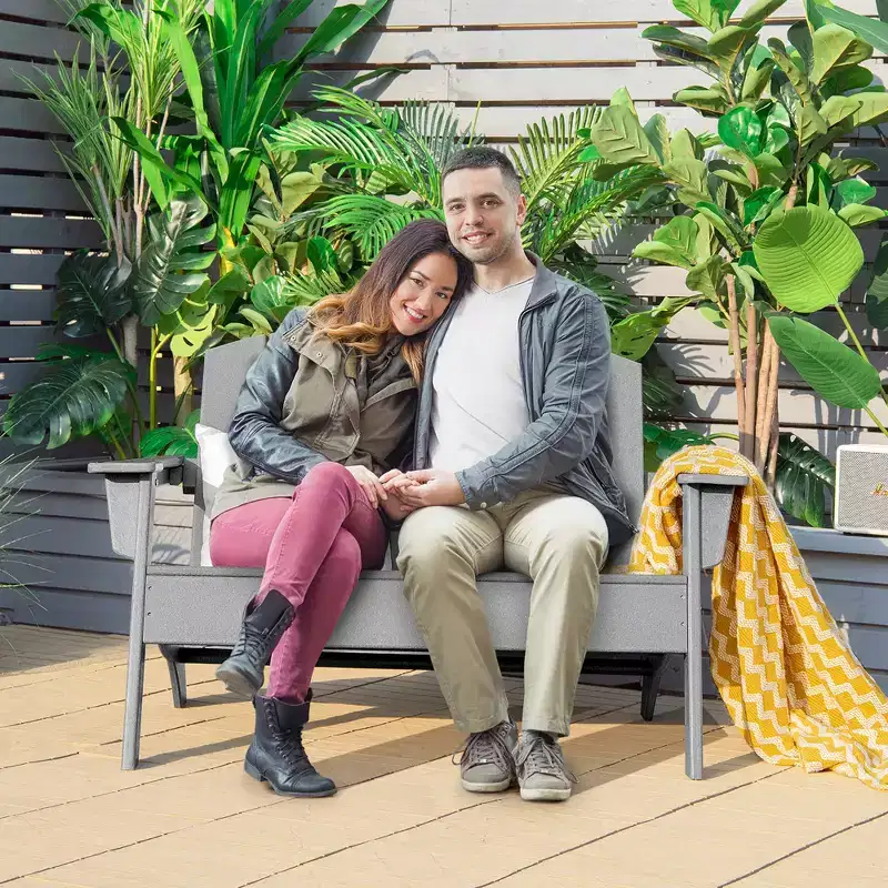 Costway 2PCS Patio Adirondack Chair Loveseat Bench HDPE Weather Resistant Grey