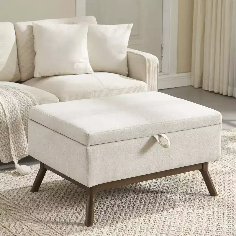 Zeus & Ruta Mid-Century Modern Square Upholstered Storage Ottoman Bench for Entryway, Living Room, or Family Space