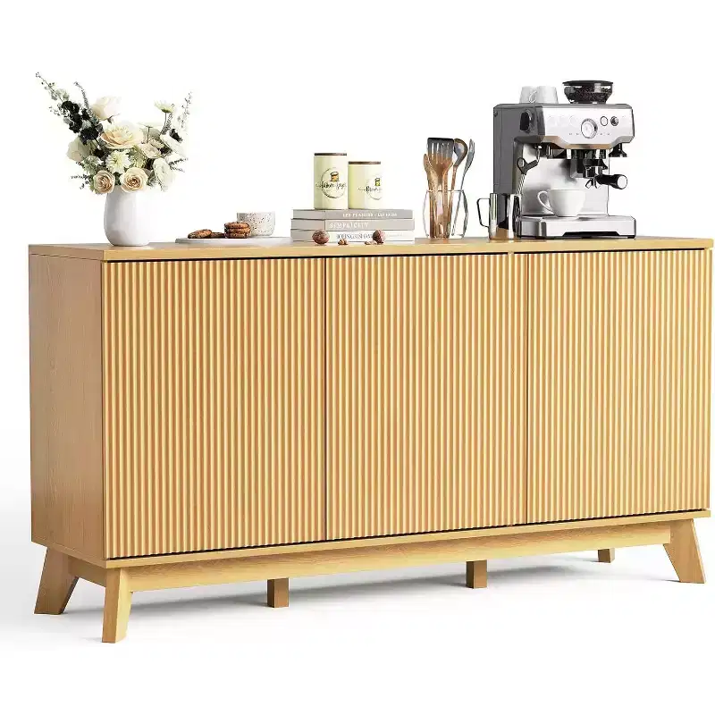 58 Farmhouse Sideboard Buffet Cabinet with 3 Fluted Doors & Adjustable Shelves - 58 Inch Farmhouse Buffet Cabinet with Storage