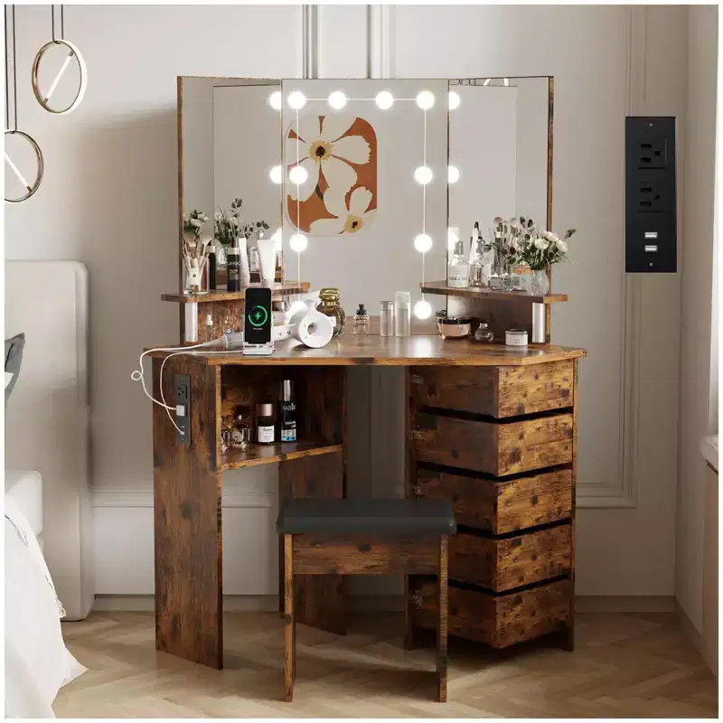 Corner Vanity Desk with Mirror and Lights, 3 Color Lighting Makeup Vanity with Power Outlet, 5 Rotating Drawers, Stool & Open Shelves