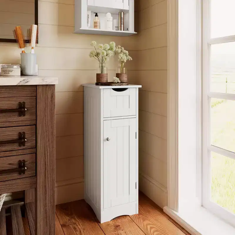 Single Door Narrow Bathroom and Laundry Storage Cabinet with Drawer and Adjustable Shelves, White