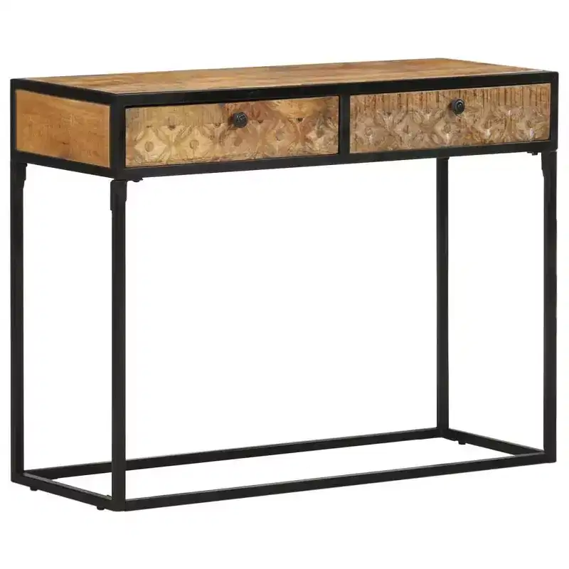 Solid Mango Wood Console Table with Carved Drawers & Steel Frame, 39.4