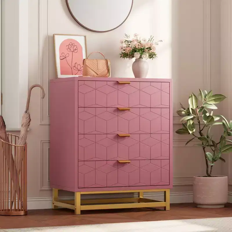 4-Drawer Pink Dresser with Gold Handles, Modern Storage Chest for Bedroom, Hallway & Entryway Organization
