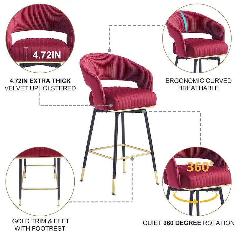 Hausfame Velvet Upholstered Set of 2 Swivel Barstool With Backs - 22.2 in. W X 21.5 in. D X 40 in. H