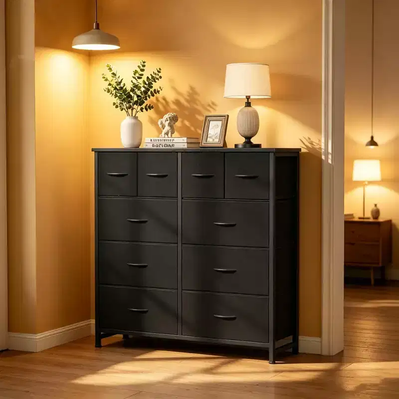 10-Drawer Storage Cabinet with Metal Frame and Adjustable Feet, Black